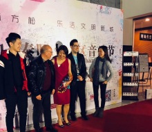 Medias and fans take photos and videos of Carlo Aspri and the musicians/director (Li Song and Yinghong Hua) during the press conference after his successful performance as the leading male performer in the drama concert "City Of Stars" in Shanghai, China.