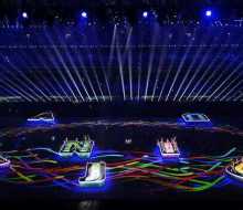 Carlo Aspri sings and performs at the closing ceremonies of the 2014 Nanjing Youth Olympics in China.